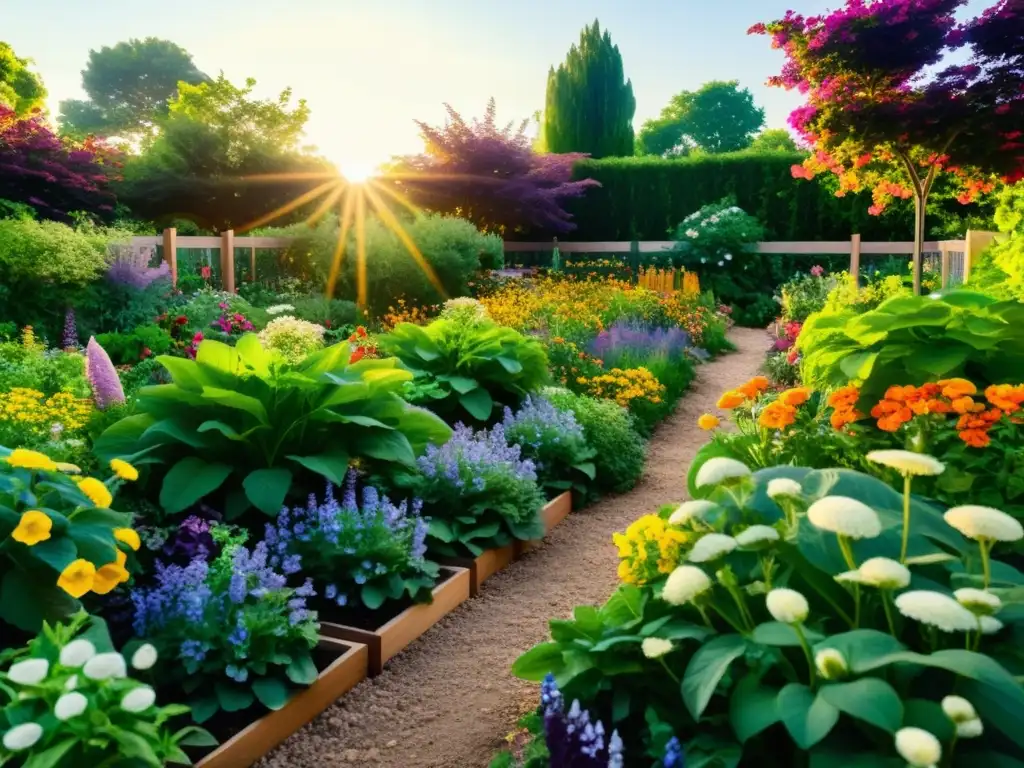 Un jardín comunitario exuberante y vibrante, lleno de vida y color