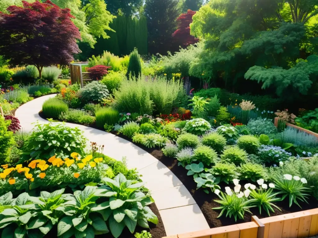 Un jardín comunitario exuberante y vibrante, lleno de plantas, flores y vegetales