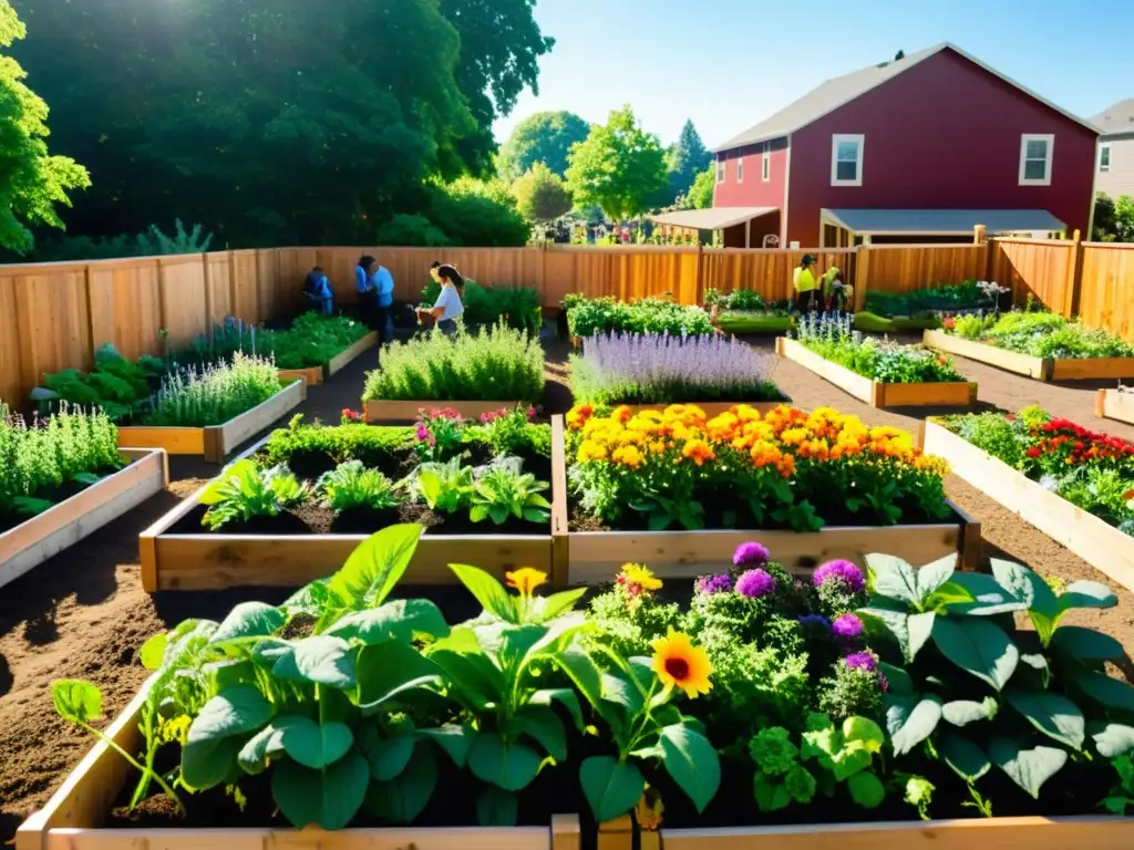 Un jardín comunitario exuberante y vibrante bajo el sol, donde personas de todas las edades trabajan juntas, cuidando las plantas