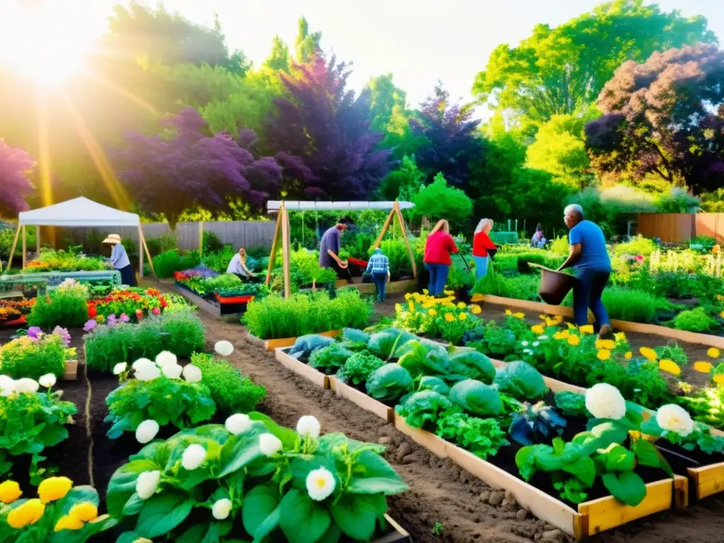 Un jardín comunitario floreciente, lleno de plantas, frutas y vegetales, iluminado por el sol