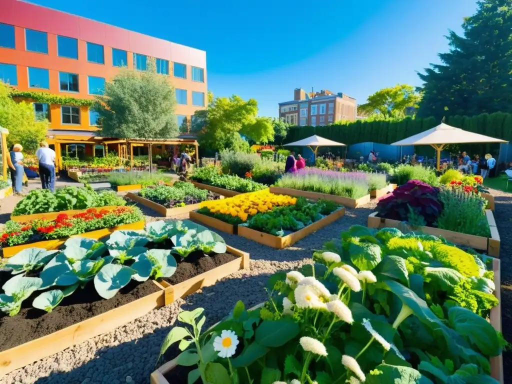 Jardín comunitario con flores, frutas y verduras coloridas bajo el cálido sol, con eventos culturales en jardines comunitarios