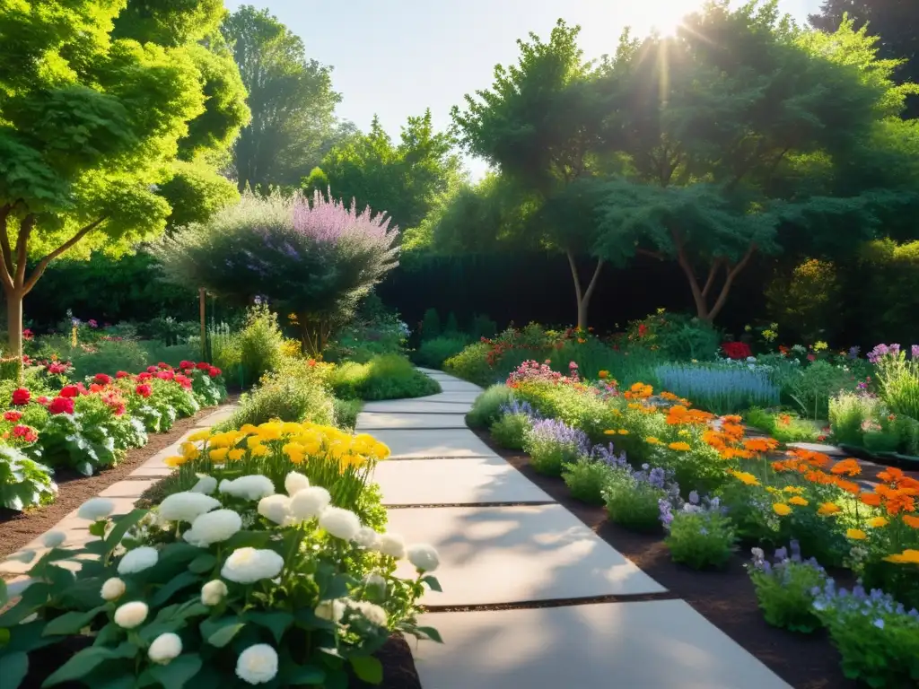 Jardín comunitario con flores vibrantes, sol filtrándose entre las hojas y escenario para eventos culturales en un entorno tranquilo