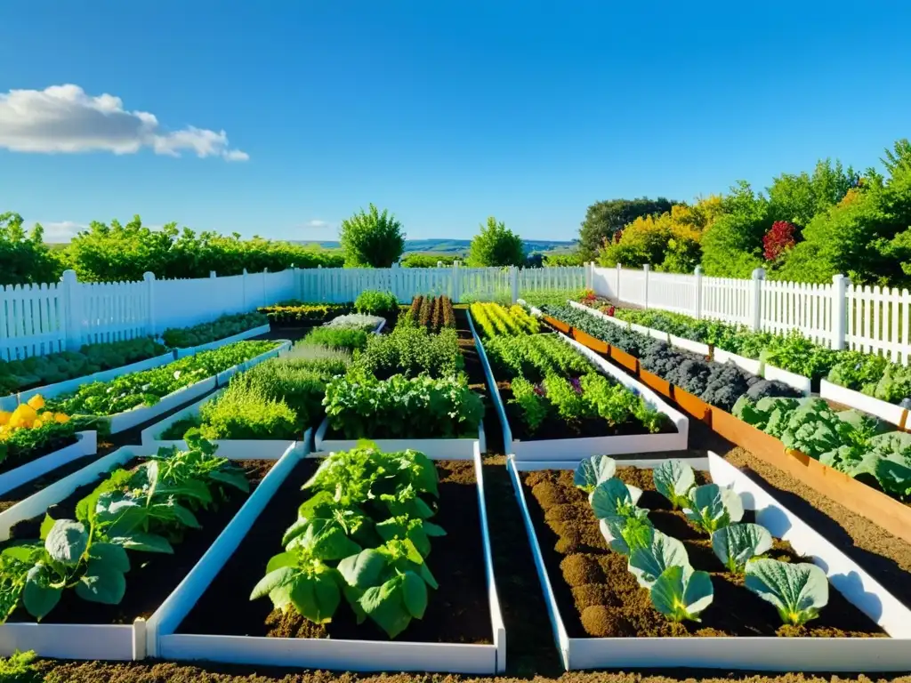 Un jardín comunitario impecable, con hortalizas vibrantes y organización perfecta, bajo el cálido sol