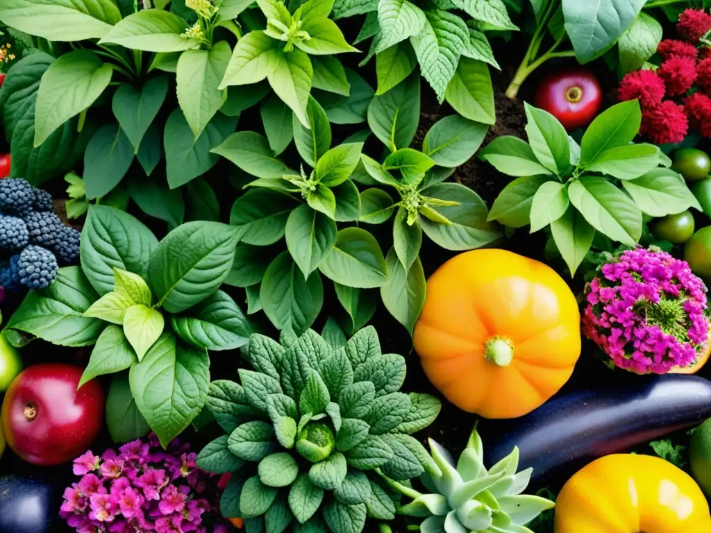 Un jardín comunitario interior cuidado con esmero, rebosante de plantas vibrantes y saludables, frutas, verduras y flores en detalle ultrarrealista