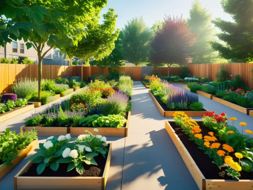 Un jardín comunitario interior meticulosamente planificado, con camas elevadas llenas de flores, hierbas y vegetales