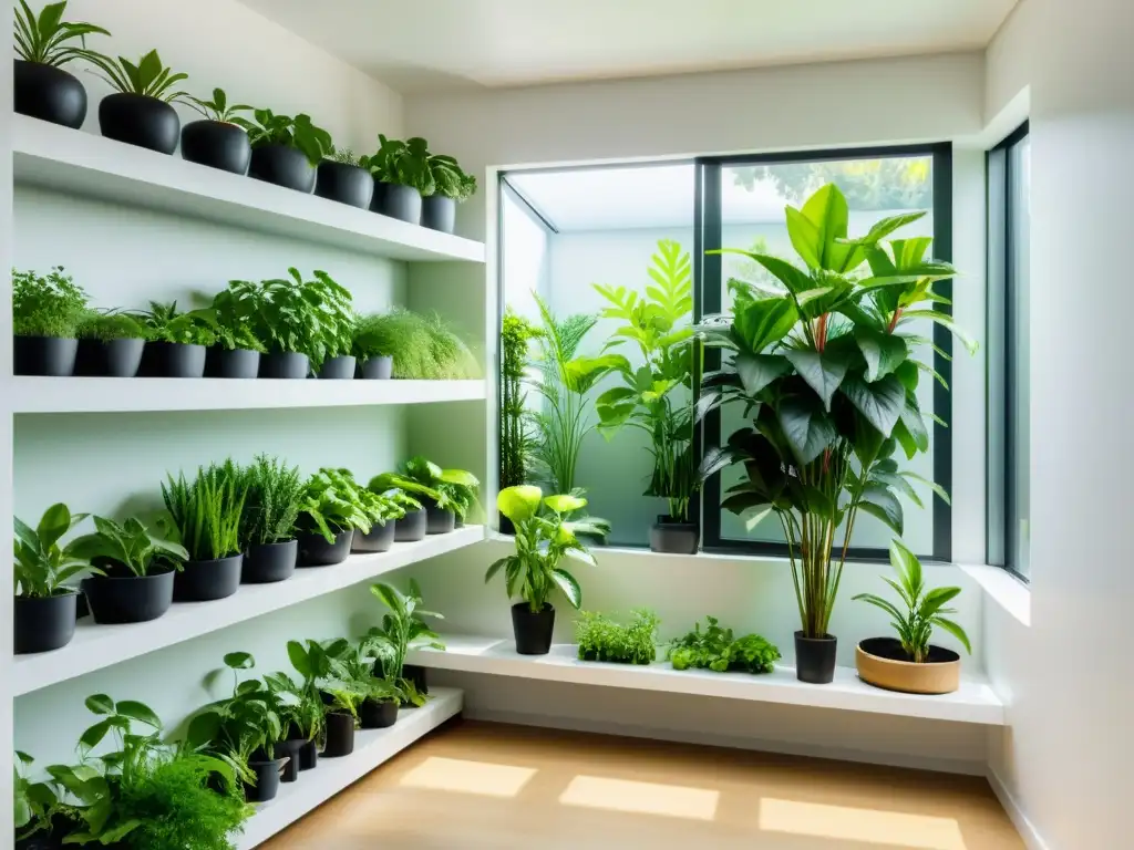 Jardín interior minimalista: oasis verde en 8k Jardín comunitario interior con plantas exuberantes en estanterías modernas, creando una atmósfera serena y armoniosa