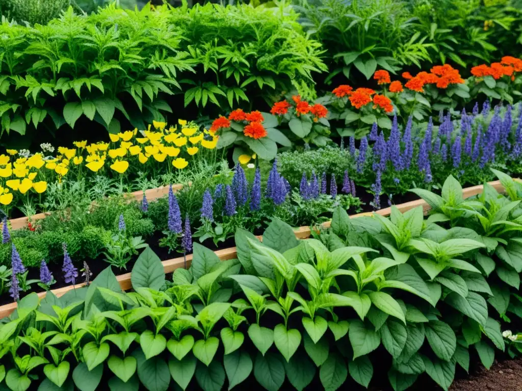 Un jardín comunitario interior rebosante de plantas medicinales vibrantes y coloridas, evocando paz y conexión con la naturaleza