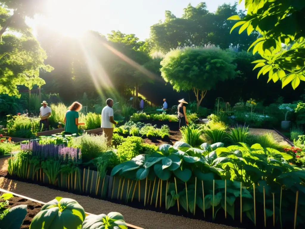 Un jardín comunitario interior sereno, abundante y armonioso, reflejando la esencia de la permacultura en jardines comunitarios interiores