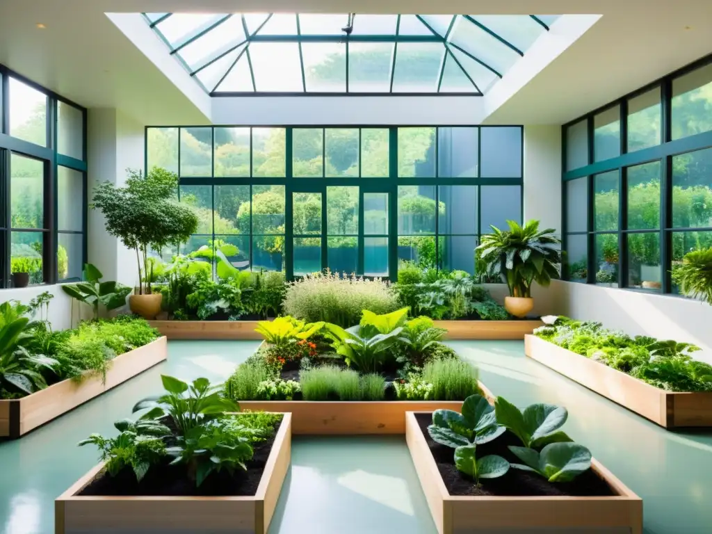 Un jardín comunitario interior sereno con camas elevadas de plantas exuberantes y vibrantes