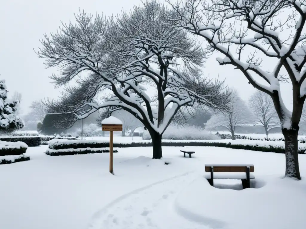 Un jardín comunitario invernal con árboles nevados y letrero 'Manejo de jardines comunitarios'