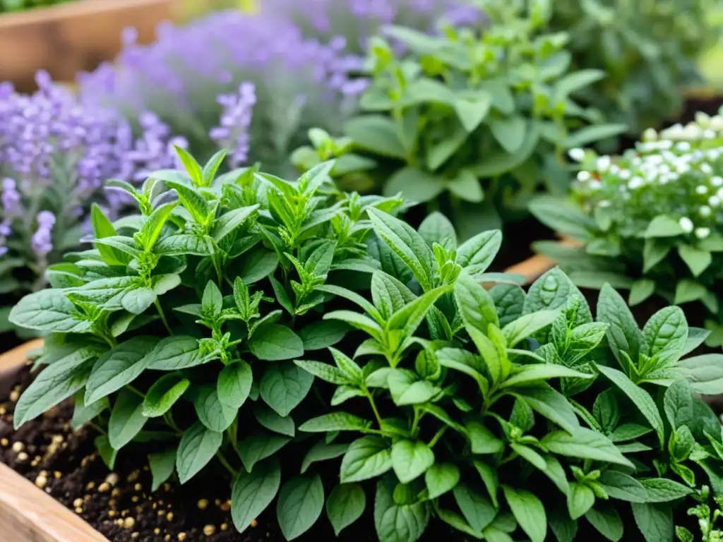 Un jardín comunitario lleno de plantas aromáticas, cuidado con amor por una diversa comunidad