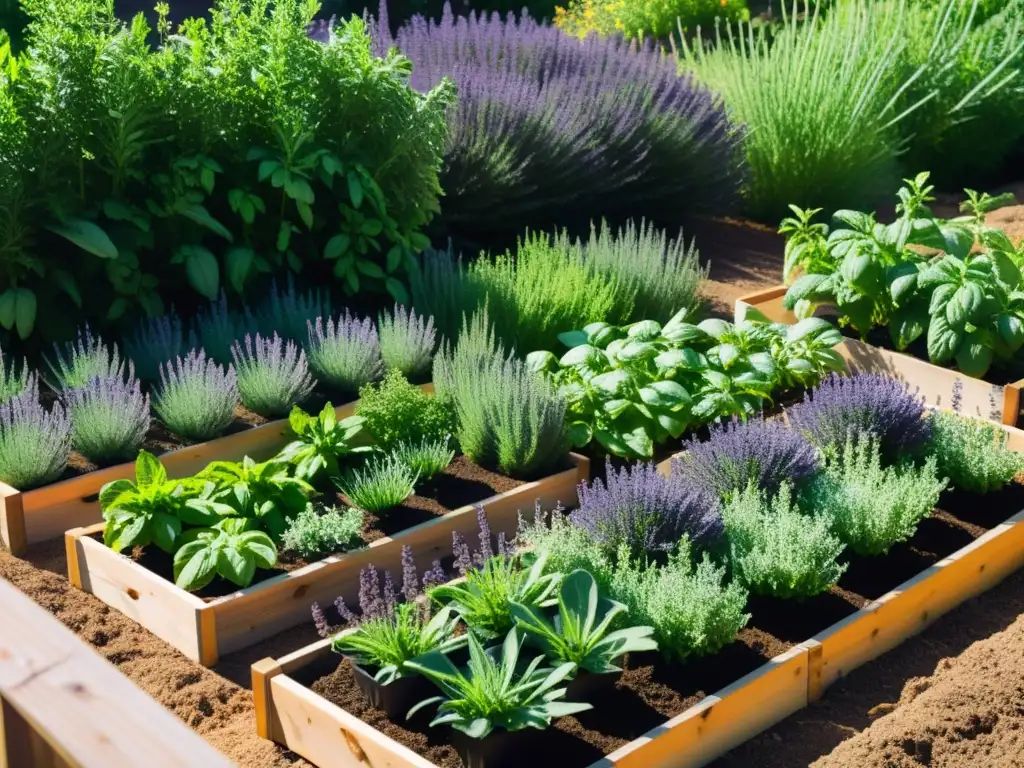 Un jardín comunitario lleno de plantas aromáticas como lavanda, romero, albahaca y menta