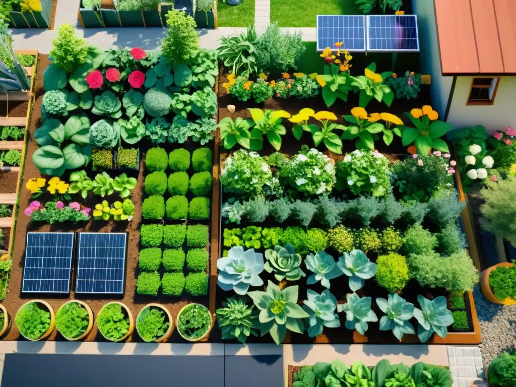 Jardín comunitario lleno de plantas exuberantes y flores coloridas, con aplicaciones y gadgets para jardines comunitarios