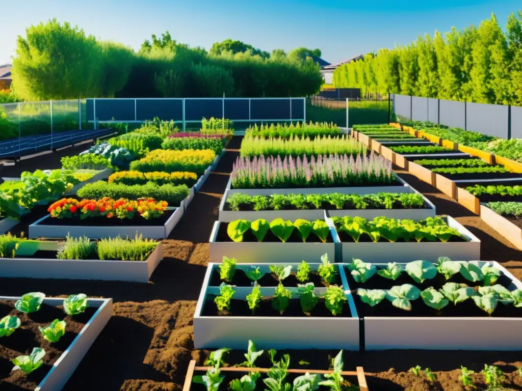 Un jardín comunitario moderno con plantas ordenadas y paneles solares discretos, mostrando la armonía entre naturaleza y tecnología