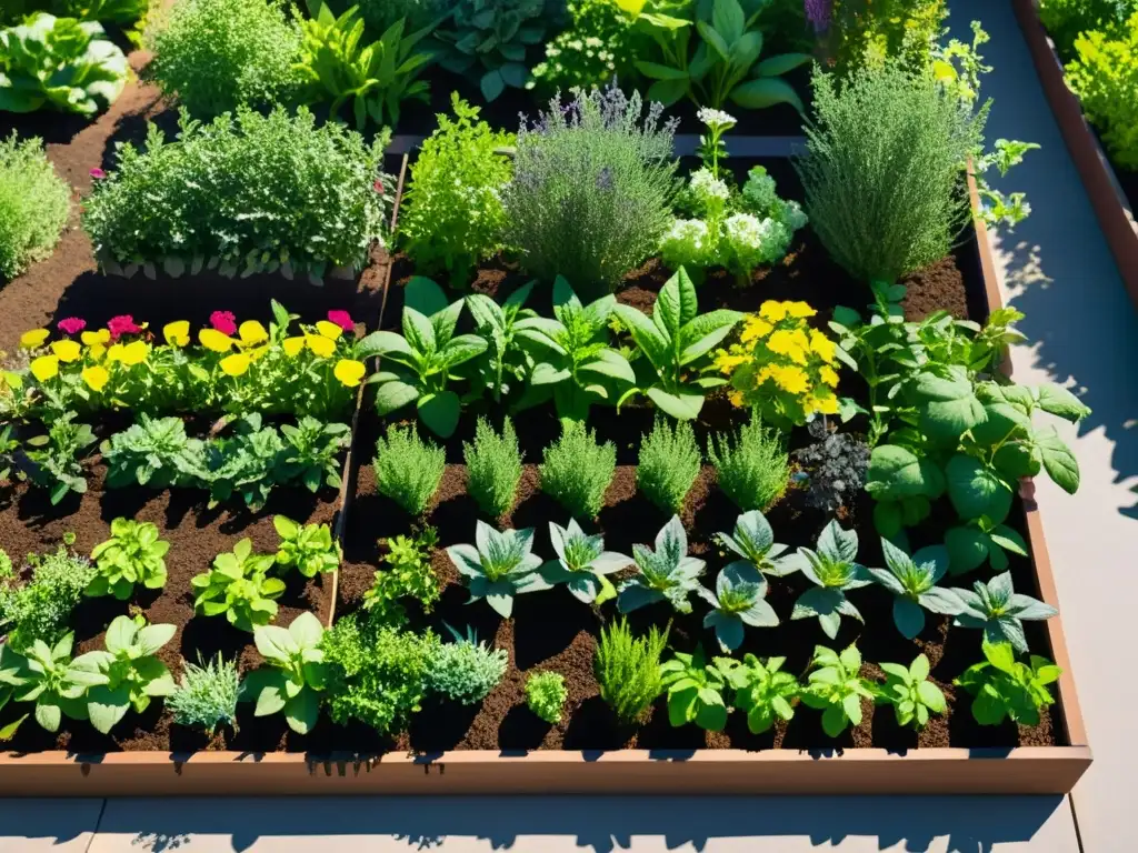 Un jardín comunitario de plantas aromáticas floreciendo en armonía, mientras la comunidad cultiva y comparte en un ambiente sereno y vibrante