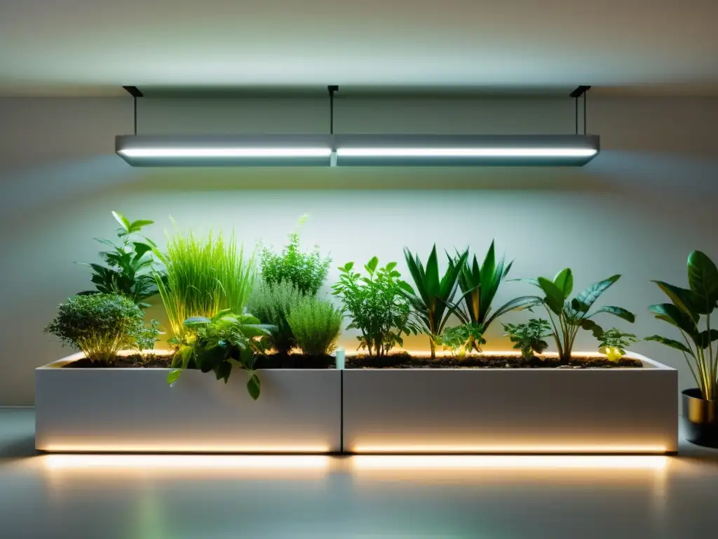 Un jardín comunitario de plantas medicinales en un espacio interior moderno y sereno, iluminado por luces LED cálidas