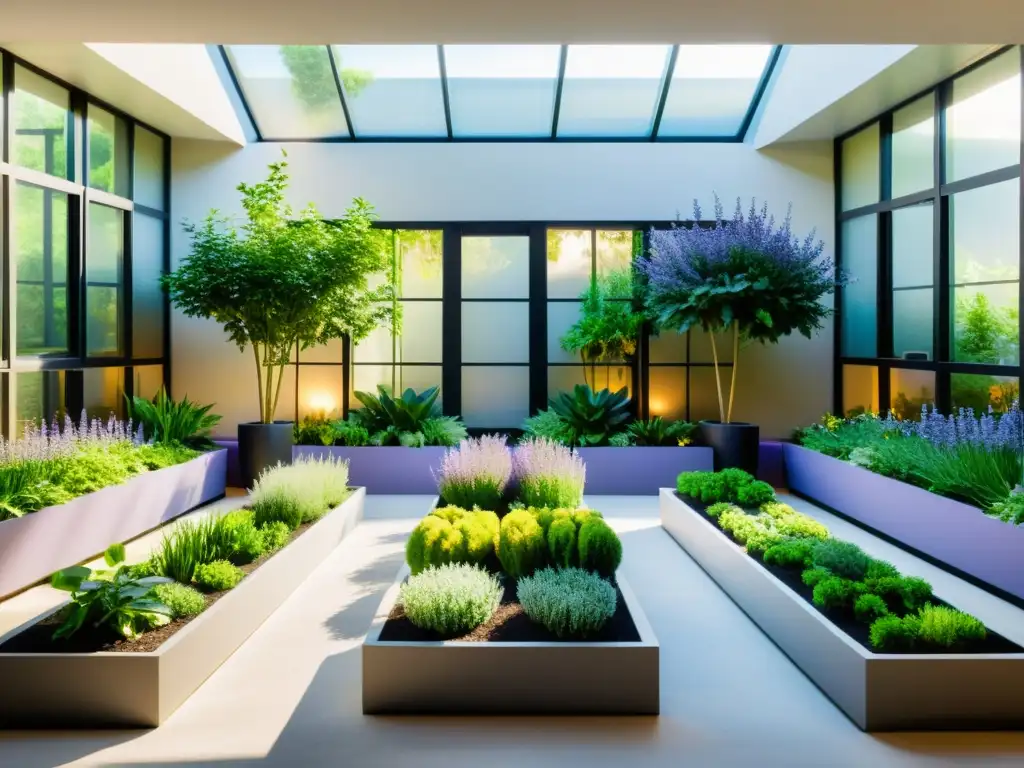 Un jardín comunitario de plantas medicinales en un espacio interior sereno y armonioso, con diseño minimalista y luz natural