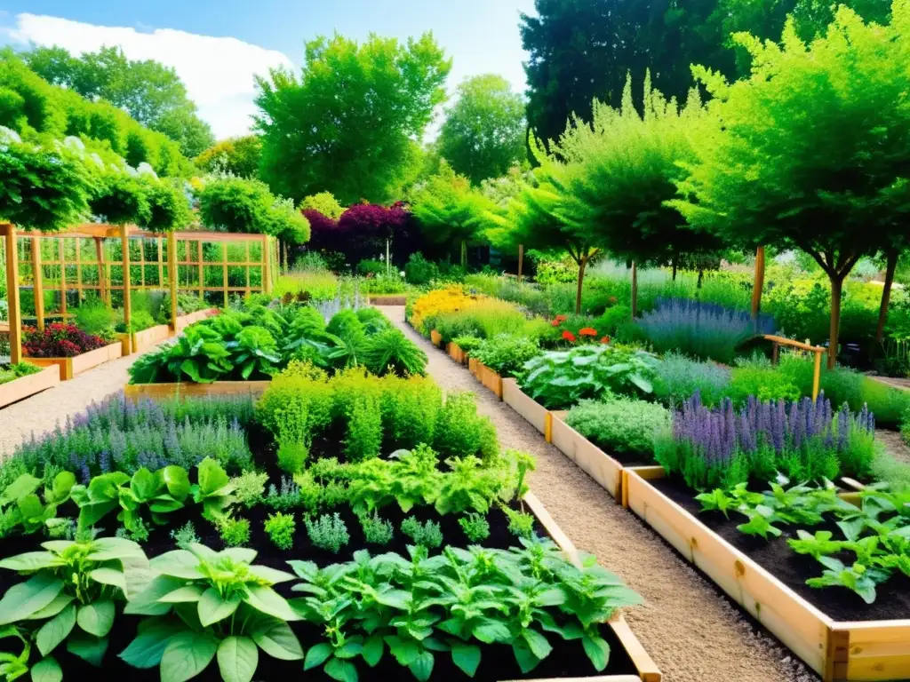 Jardín comunitario con plantas medicinales en interior, lleno de vida y conocimiento, bañado por la cálida luz del sol