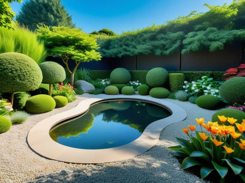 Un jardín comunitario Feng Shui con rocas, fuente, senderos de grava y un estanque sereno, rodeado de vegetación exuberante y flores coloridas