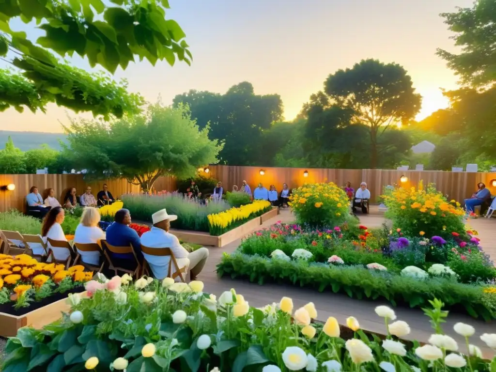 'Un jardín comunitario sereno con flores vibrantes y un escenario de madera, rodeado de vegetación exuberante