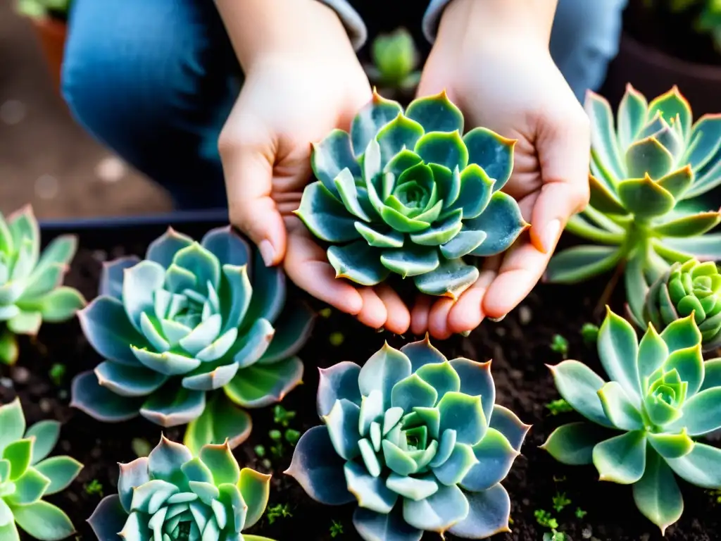 En un jardín comunitario urbano, unas manos cuidan con cariño una delicada suculenta verde, creando un oasis armonioso