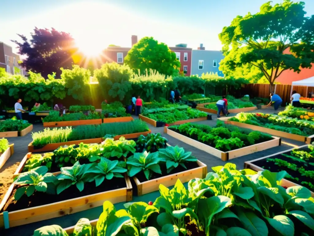 Un jardín comunitario urbano vibrante y detallado con una variedad de frutas y verduras en camas elevadas