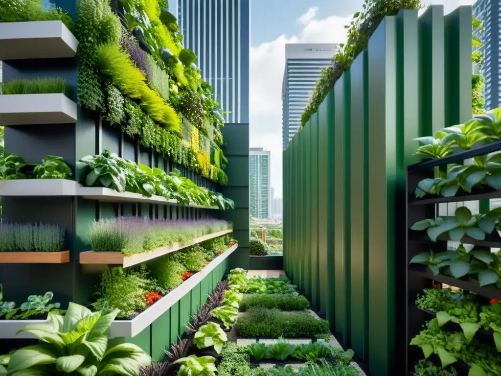 Jardín vertical urbano: oasis moderno en la ciudad Un jardín comunitario vertical en la ciudad con diseño moderno y plantas exuberantes entre edificios urbanos