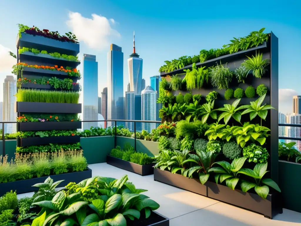Jardín vertical urbano: fusión natural en la ciudad Un jardín comunitario vertical en la ciudad, con plantas verdes exuberantes que contrastan con los rascacielos urbanos