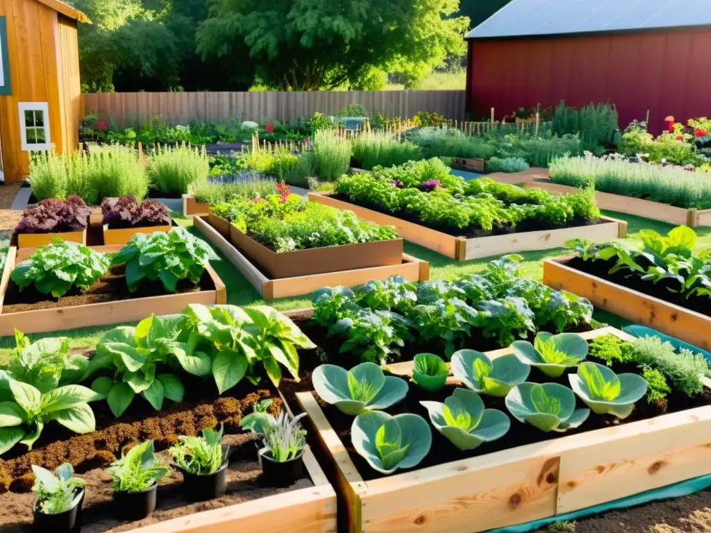 Jardín comunitario vibrante: cultivando felicidad y verdor Un jardín comunitario vibrante y acogedor con camas elevadas llenas de plantas verdes y exuberantes