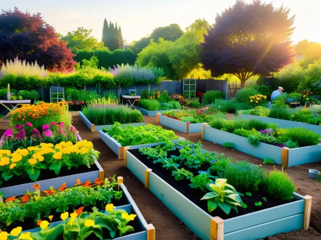 Un jardín comunitario vibrante con camas elevadas ordenadas, rebosantes de plantas y flores