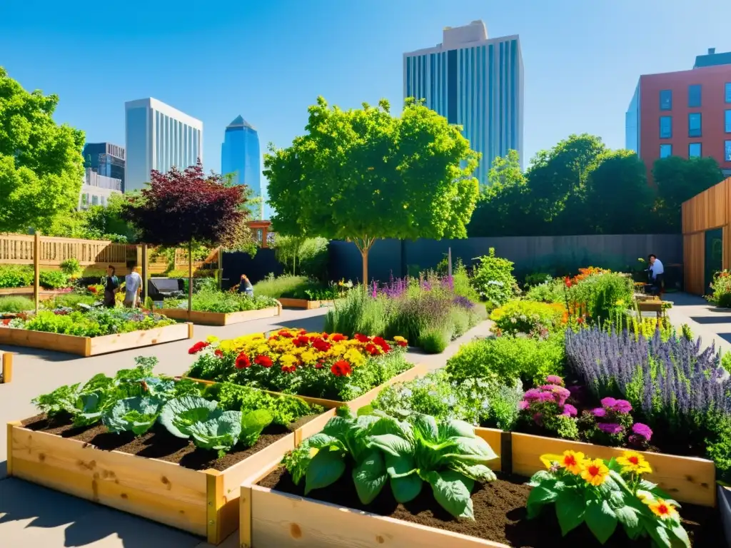 Un jardín comunitario vibrante en la ciudad, con plantas verdes y flores coloridas cuidadas por una diversa comunidad urbana