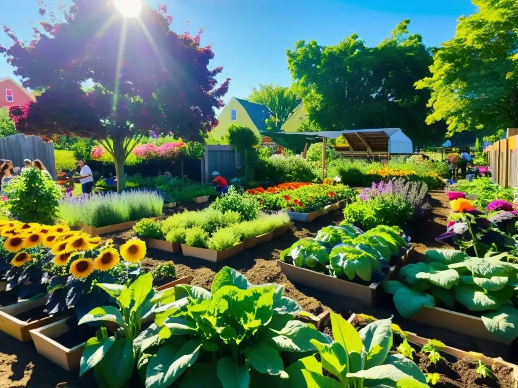 Un jardín comunitario vibrante y colorido, donde personas de todas las edades trabajan juntas para cuidar de las plantas