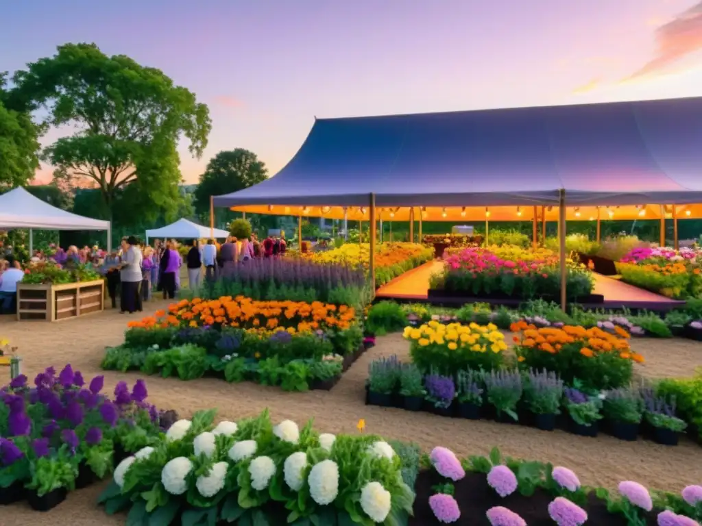 Un jardín comunitario vibrante con flores coloridas y vegetación exuberante, con un escenario preparado para eventos culturales en el centro