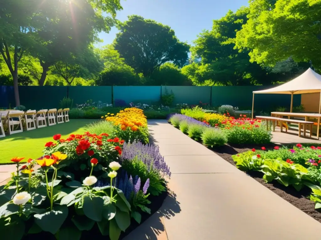 Un jardín comunitario vibrante con flores en flor y un escenario para eventos culturales, evocando tranquilidad y anticipación