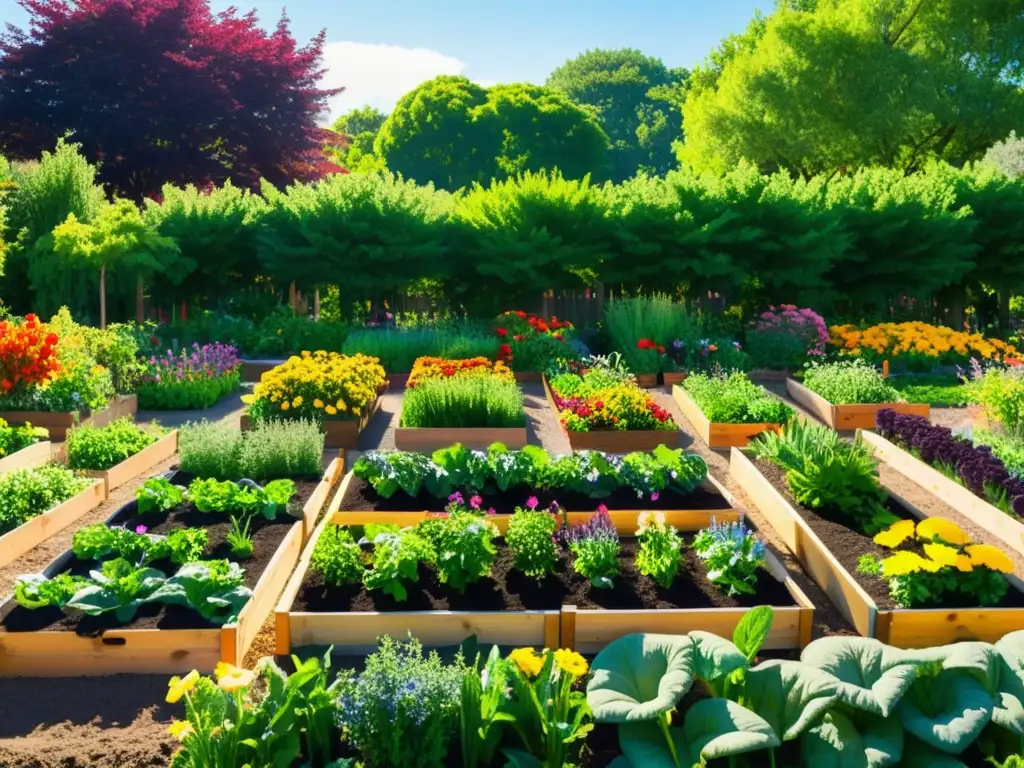 Un jardín comunitario vibrante con hileras de vegetales y flores coloridas, rodeado de verdor y bañado por cálido sol