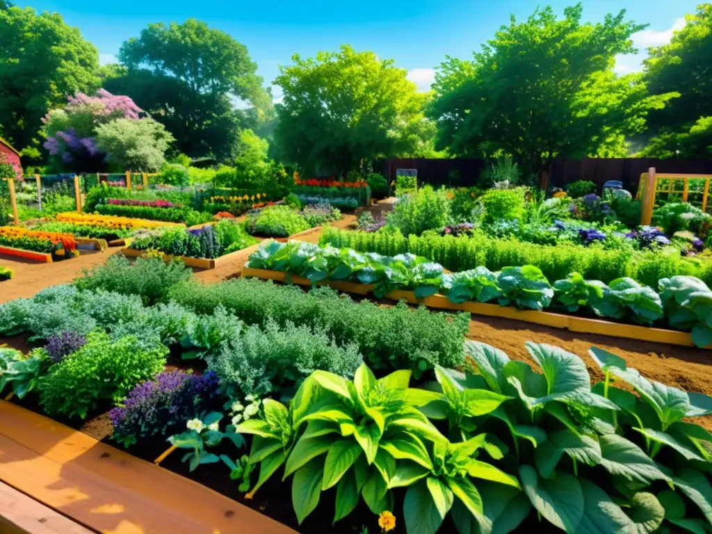 Jardín comunitario vibrante: flores, verduras y dedicación Un jardín comunitario vibrante lleno de plantas verdes exuberantes y flores coloridas, reflejando el cuidado de la comunidad por las plantas