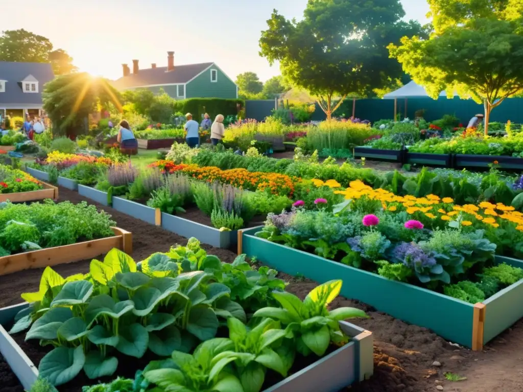 Un jardín comunitario vibrante donde florecen plantas verdes y coloridas en armonía