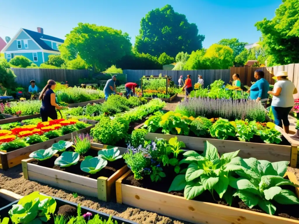 Un jardín comunitario vibrante con plantas verdes y flores coloridas, donde personas de todas las edades y orígenes trabajan juntas con sonrisas