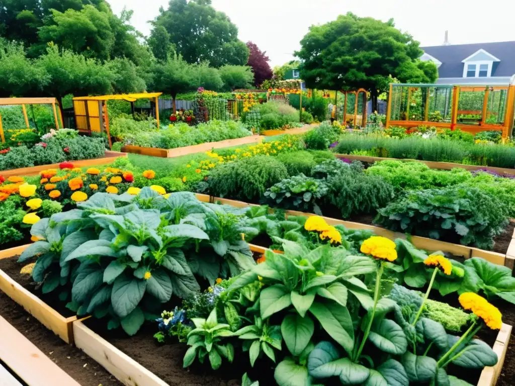 Un jardín comunitario vibrante con una variedad diversa de frutas, verduras y flores, cultivado por dedicados residentes locales