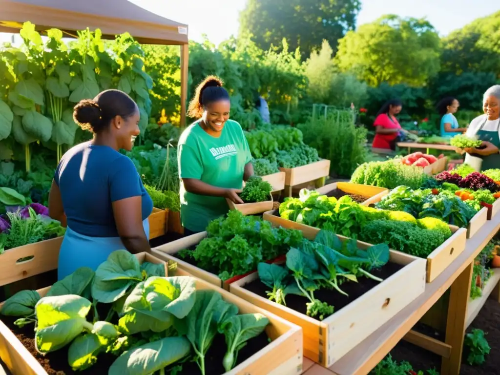 Un jardín comunitario vibrante con vegetales y hierbas saludables, donde se distribuye la cosecha