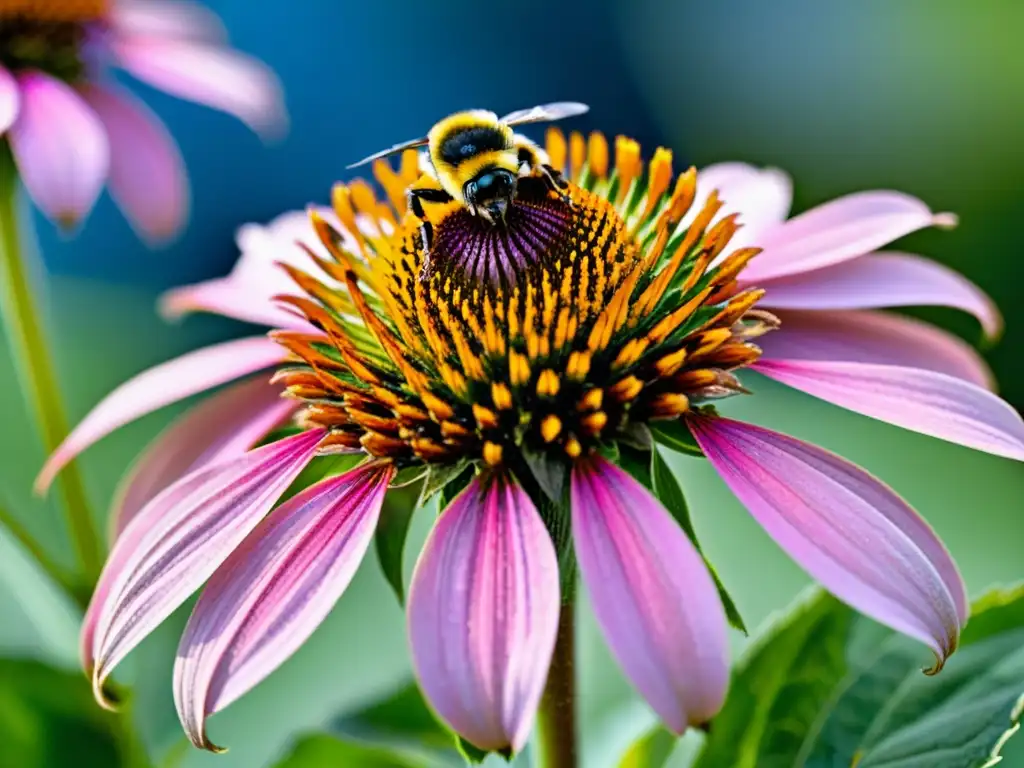 Un coneflower púrpura vibrante atrae a un delicado abejorro, resaltando la relación entre polinizadores y plantas nativas en un jardín comunitario