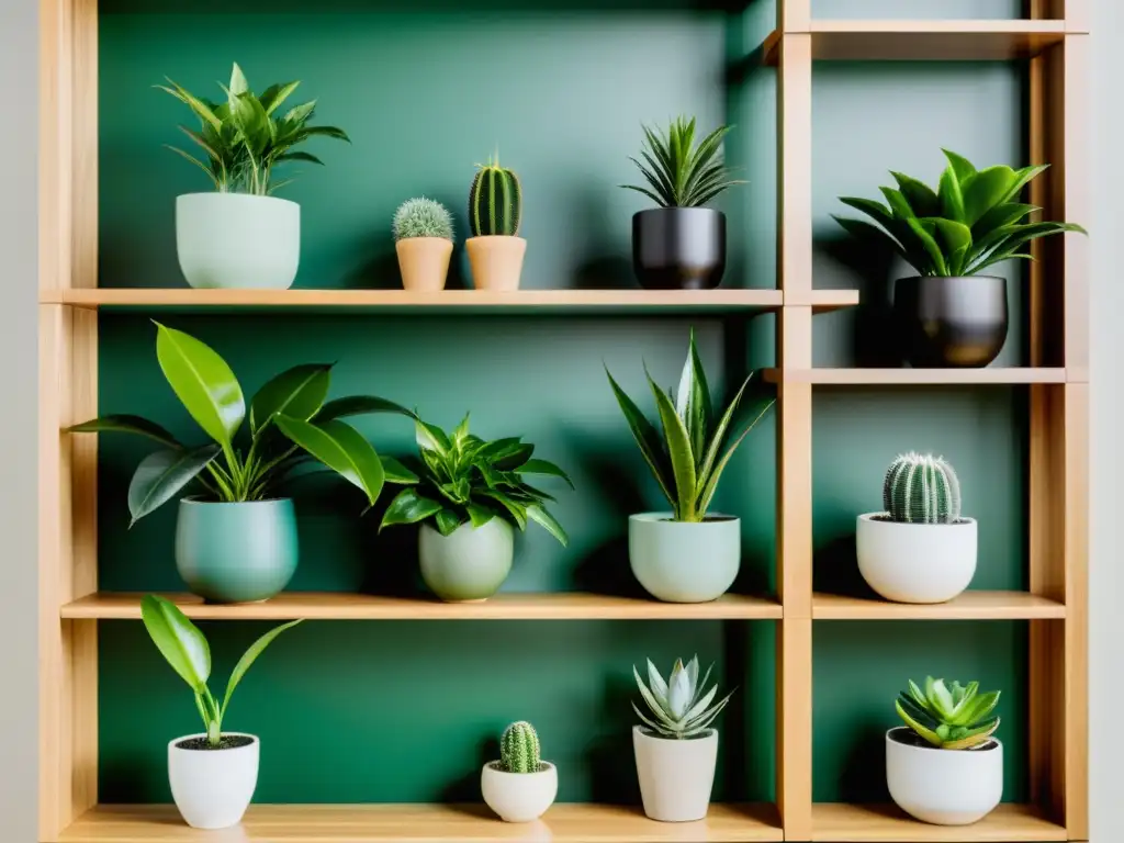 Un conjunto diverso de plantas domésticas en un estante de madera, creando una composición serena y visualmente impactante