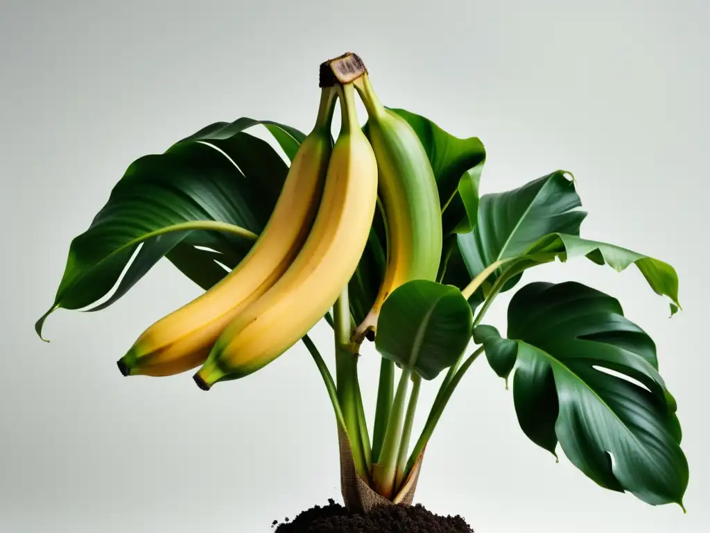 Consejos para cultivar banano en interiores: Imagen de exuberante planta de banano en un entorno minimalista y profesional