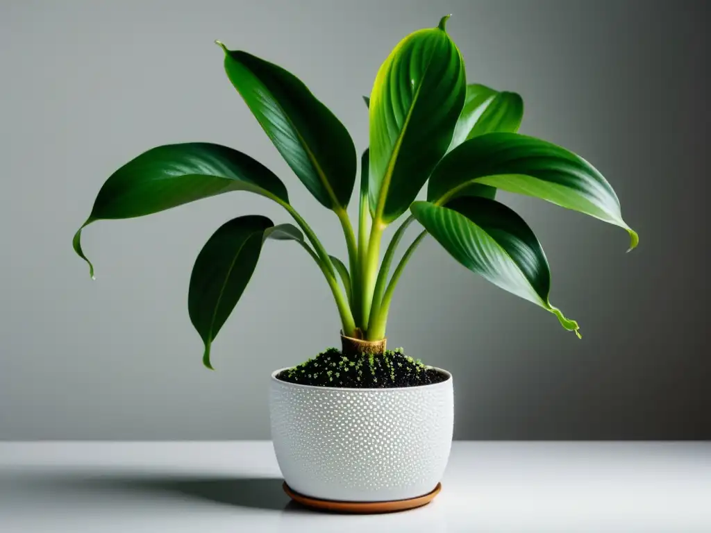 Consejos para cultivar banano en interiores: Imagen detallada de una planta de banano en maceta, con hojas exuberantes y gotas de agua brillantes