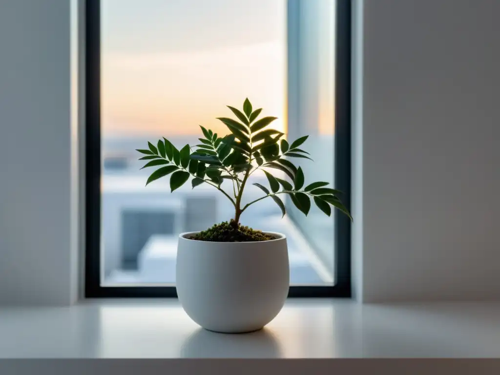 Consejos cuidado plantas de interior: Imagen minimalista de planta tundra en elegante maceta, en un espacio interior blanco con luz natural