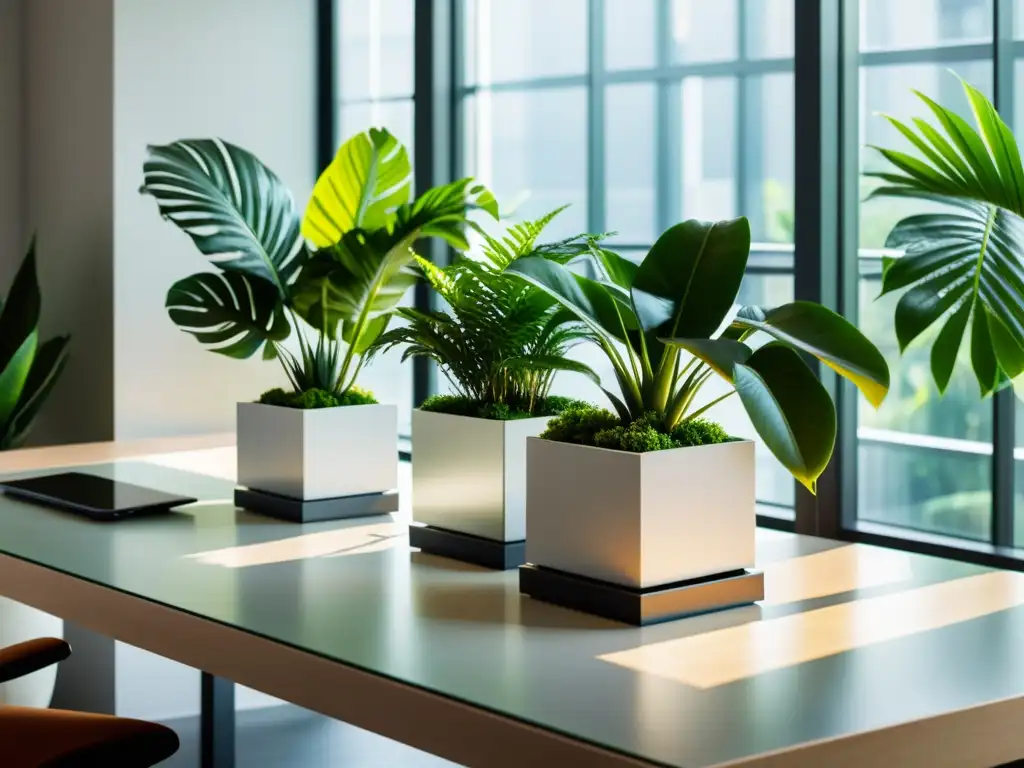 Consejos para el cuidado de plantas de interior en una oficina moderna con un escritorio minimalista y plantas vibrantes en macetas geométricas