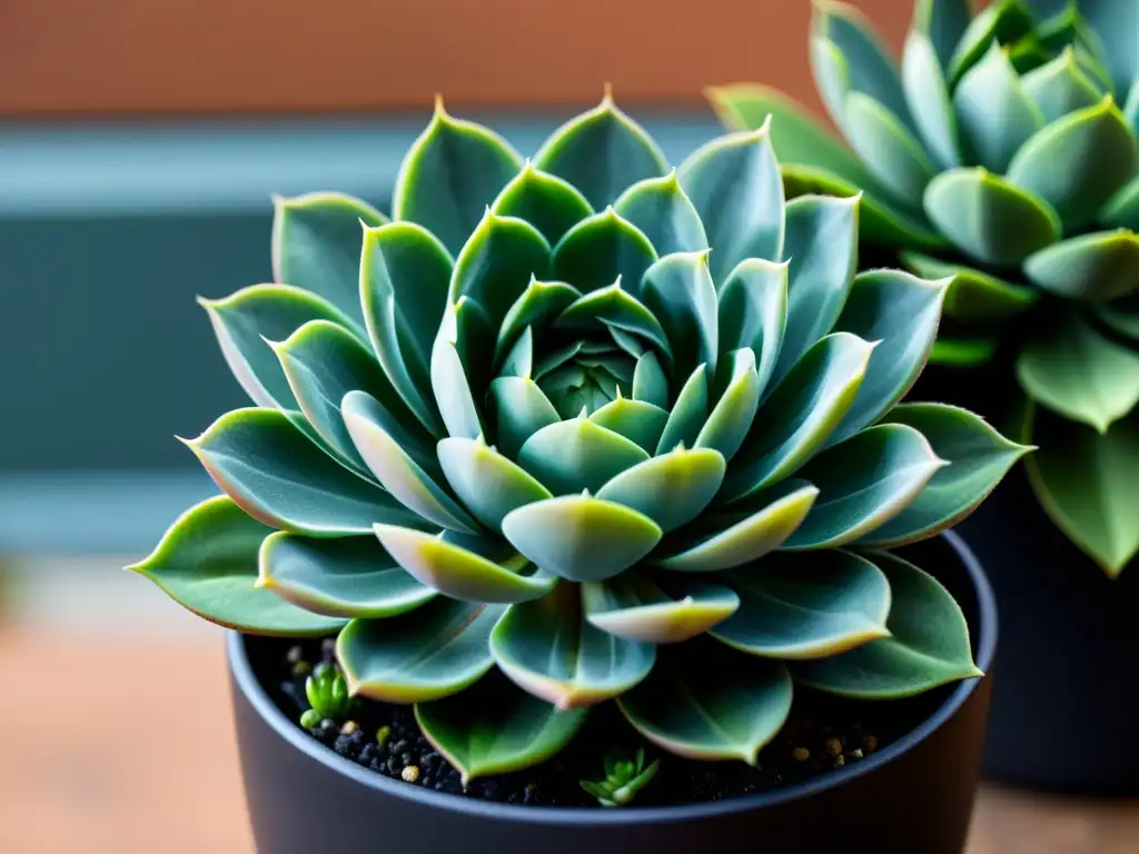 Consejos para el cultivo de plantas en la terraza: Detalle de suculenta verde en maceta negra, bañada por la luz del sol en un jardín urbano