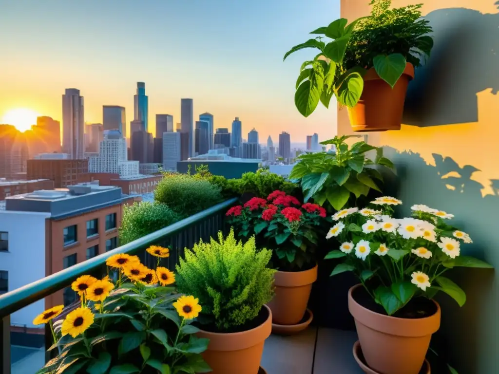 Consejos para el cultivo de plantas en terrazas: un atardecer vibrante sobre el horizonte urbano, con plantas exuberantes y flores floreciendo en un balcón soleado