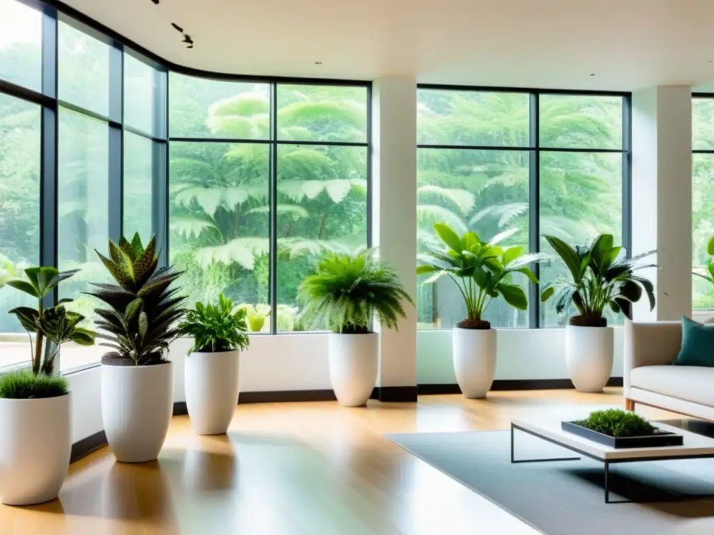 Consejos para crear exposiciones vegetales en una sala moderna con abundante luz natural y elegante integración de plantas en pedestales blancos