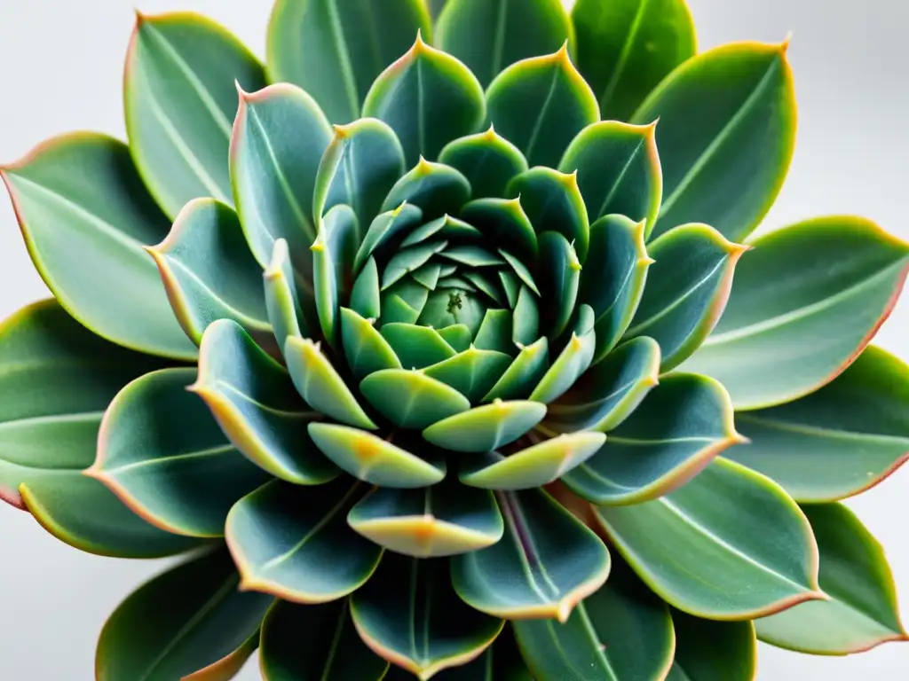 Consejos fotográficos para plantas de interior: Detalle de suculenta verde vibrante en primer plano sobre fondo blanco